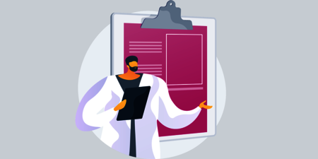Illustration einer Person mit Klemmbrett vor großem Formular, symbolisch für Dokumentation und digitale Datenerfassung im Gesundheitswesen.
