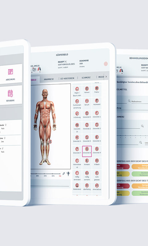 Startseite der NOVENTI Ora Software mit direktem Zugriff auf Kalender, Patienten, Abrechnung und Befundung.