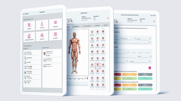 Startseite der NOVENTI Ora Software mit direktem Zugriff auf Kalender, Patienten, Abrechnung und Befundung.