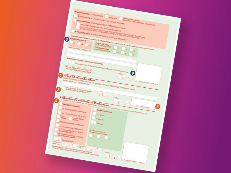 Formular Muster 56 zur Verordnung von Rehabilitationssport oder Funktionstraining mit markierten Eingabefeldern.