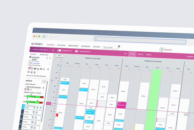 NOVENTI Ora Kalenderansicht zur übersichtlichen Terminverwaltung in der Physiotherapiepraxis.