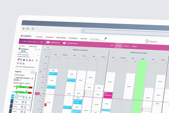 NOVENTI Ora Kalenderansicht zur übersichtlichen Terminverwaltung in der Physiotherapiepraxis.