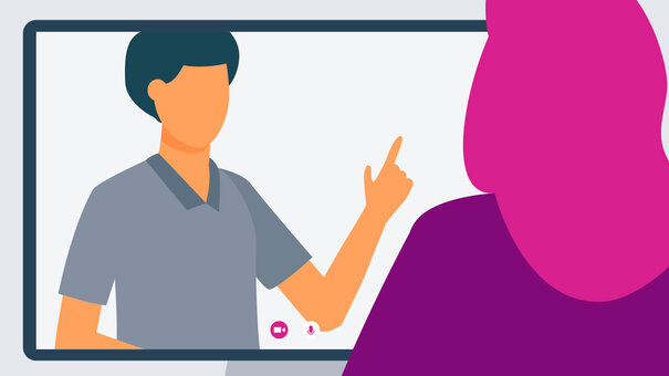 Illustration einer digitalen Ergotherapie-Behandlung per Videotelefonie – telemedizinische Leistungen einfach erklärt.