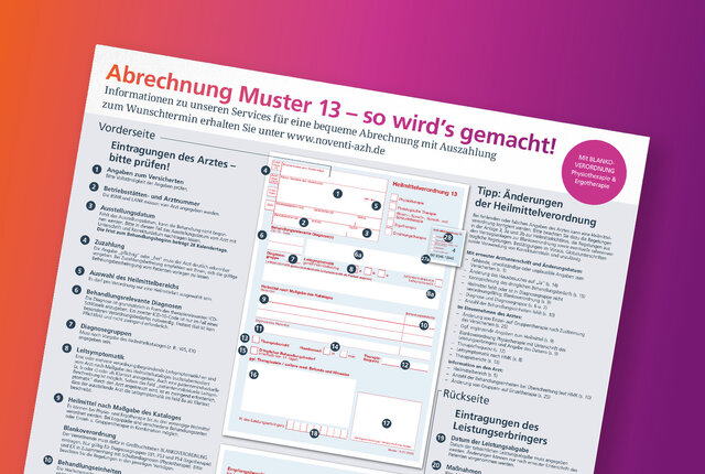 Poster zur Heilmittelverordnung Muster 13 mit Tipps zur korrekten Abrechnung – ideal für Physiotherapie, Ergotherapie und Logopädie. Enthält Hinweise zur Unterschrift des Patienten, Dringlichkeitsangaben, Leitsymptomatik, Diagnosegruppen und Ausfüllhilfe für Vorder- und Rückseite der Verordnung.