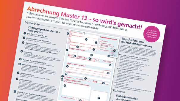 Poster zur Heilmittelverordnung Muster 13 mit Tipps zur korrekten Abrechnung – ideal für Physiotherapie, Ergotherapie und Logopädie. Enthält Hinweise zur Unterschrift des Patienten, Dringlichkeitsangaben, Leitsymptomatik, Diagnosegruppen und Ausfüllhilfe für Vorder- und Rückseite der Verordnung.