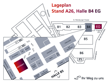 Lageplan zur Orientierung auf dem Messegelände: Der Stand A26 befindet sich im Erdgeschoss der Halle B4. Der Zugang erfolgt über den östlichen Eingang (EG). Der Plan zeigt die angrenzenden Hallen B1 bis B6 sowie den Weg vom Messegelände zur Halle B5.