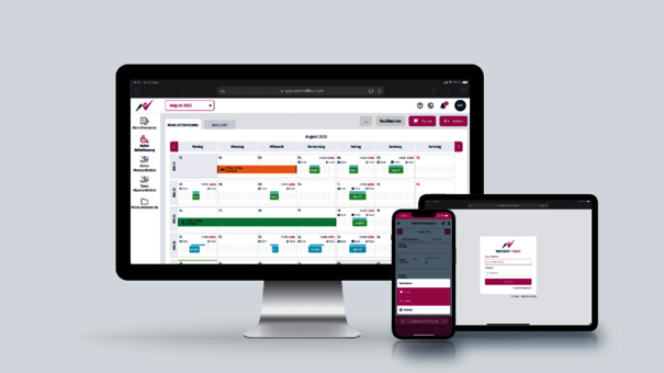 Darstellung der NOVENTI Software auf Monitor, Tablet und Smartphone mit digitaler Terminplanung und Praxisverwaltung.