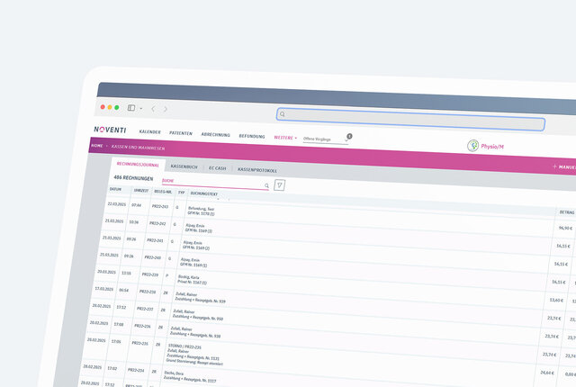NOVENTI Ora Screenshot zeigt digitale Rezeptprüfung und automatische Abrechnungsübersicht.