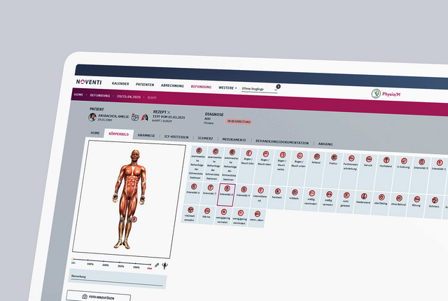 NOVENTI Ora Software ermöglicht strukturierte digitale Befunddokumentation mit visuellem Körperbild.