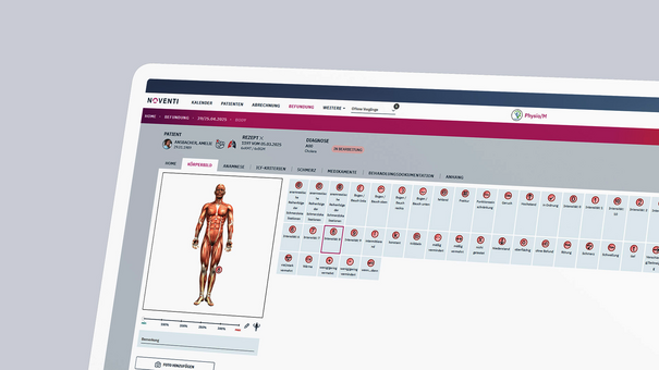NOVENTI Ora Software ermöglicht strukturierte digitale Befunddokumentation mit visuellem Körperbild.