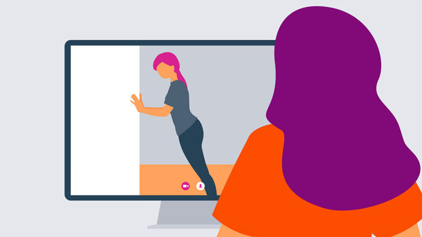 Illustration einer digitalen Physiotherapie-Behandlung per Videotelefonie – telemedizinische Leistungen einfach erklärt.