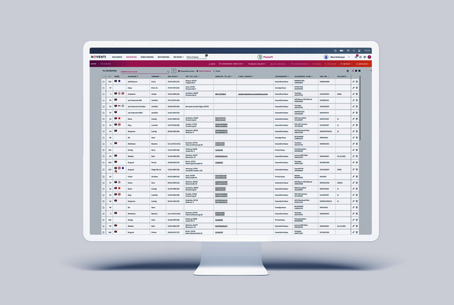 Übersichtliche Patientenverwaltung in der NOVENTI Ora Software mit Kontaktdaten und Krankenkasseninfo.