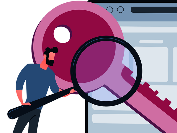 Grafik Person hält eine überdimensional große Lupe vor einen SchlüsselSchlüssel