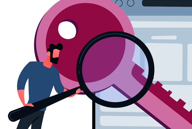 Grafik Person hält eine überdimensional große Lupe vor einen SchlüsselSchlüssel