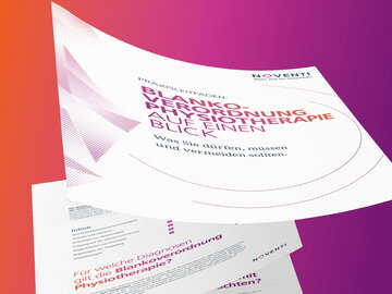 Mock‑up eines NOVENTI Praxisleitfadens zur Blankoverordnung in der Physiotherapie mit pink‑orangem Design im Hintergrund.