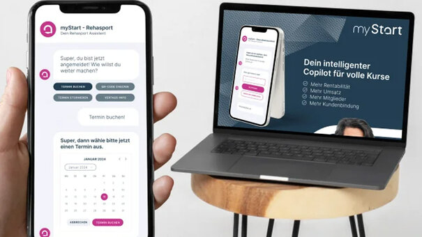 Darstellung der NOVENTI myStart Rehasport‑App auf Smartphone und Laptop zur Terminbuchung und digitalen Kursverwaltung.