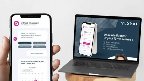 Darstellung der NOVENTI myStart Rehasport‑App auf Smartphone und Laptop zur Terminbuchung und digitalen Kursverwaltung.