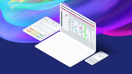 Illustration der NOVENTI Ora Software auf Laptop, Tablet und Smartphone mit digitaler Termin- und Praxisverwaltung in farbigem Design.