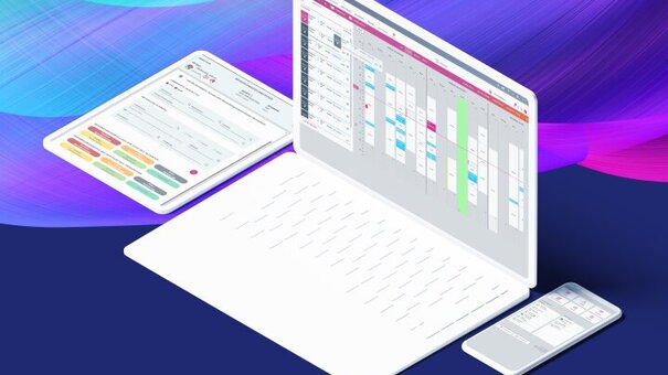 Illustration der NOVENTI Ora Software auf Laptop, Tablet und Smartphone mit digitaler Termin- und Praxisverwaltung in farbigem Design.